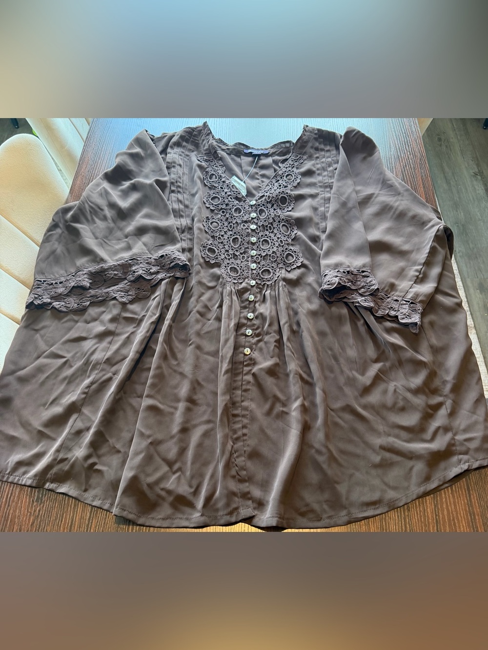 NWT Roaman's Brown Crochet Lace Trim V Neck Peasant Blouse Top Plus Size 38W